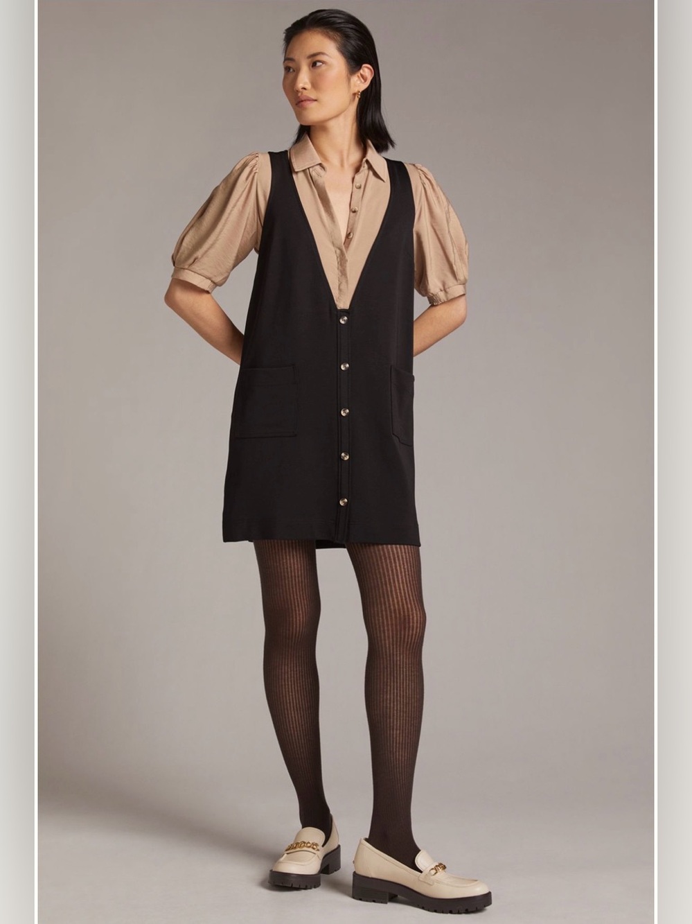 Anthropologie Maeve Layered Pinafore Mini Dress Black Button Front - Small